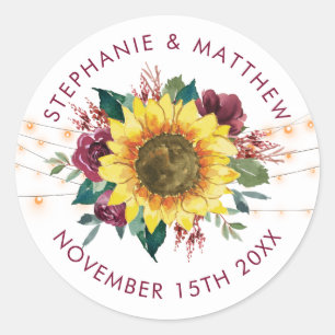 Rustic Sunflower Floral Lights Wedding Date Classic Round Sticker