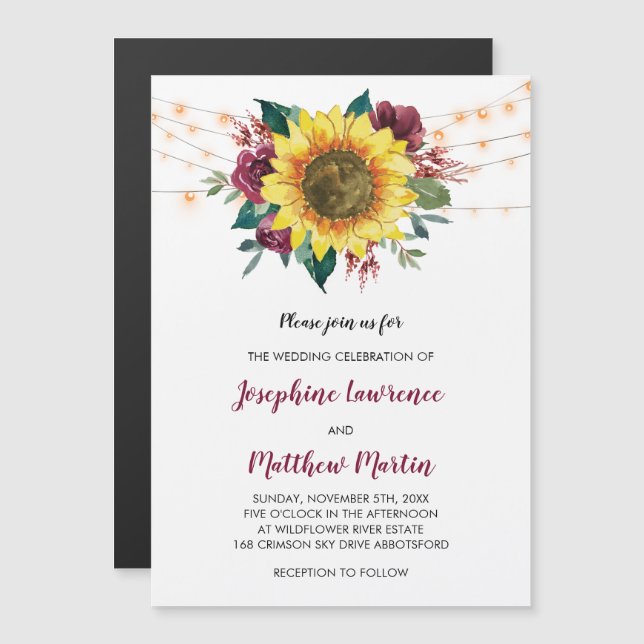 Rustic Sunflower Floral Lights Wedding Magnetic Invitation (Front/Back)