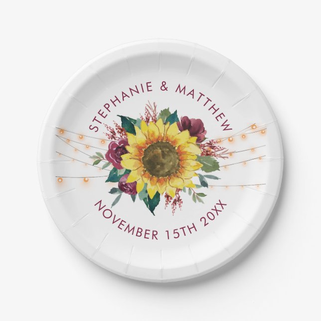 Rustic Sunflower Floral Lights Wedding Paper Plates (Front)