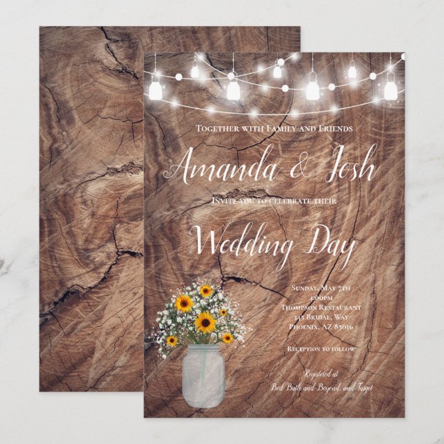 Rustic Sunflower Floral Mason Jar Country Wedding Invitation (Front/Back)
