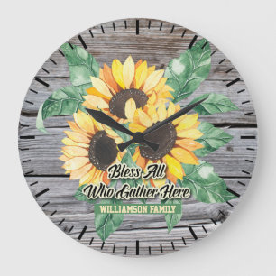 Rustic Sunflower Floral Monogram Large Clock