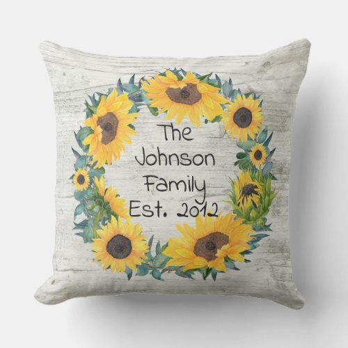 Rustic Sunflower Floral Personalized Family Name O Outdoor Pillow