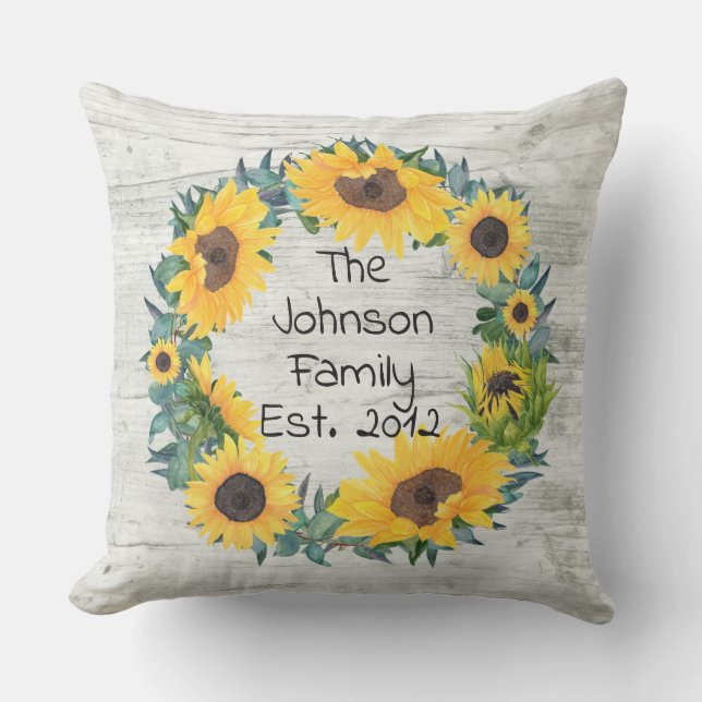 Rustic Sunflower Floral Personalized Family Name O Outdoor Pillow (Front)