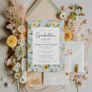 Rustic Sunflower Floral Photo Graduation Party Invitation