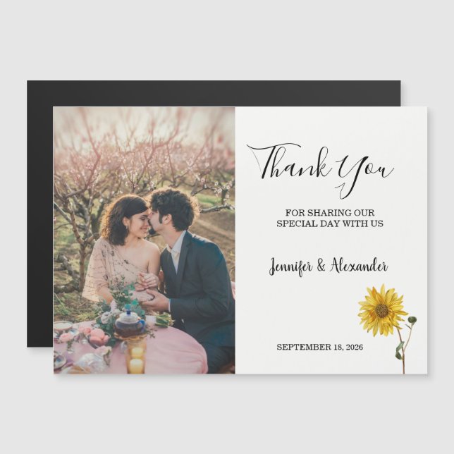 Rustic sunflower floral photo Thank You Magnetic Invitation (Front/Back)