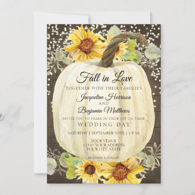 Rustic Sunflower Floral Pumpkin Twinkle Light Wood Invitation (Front)
