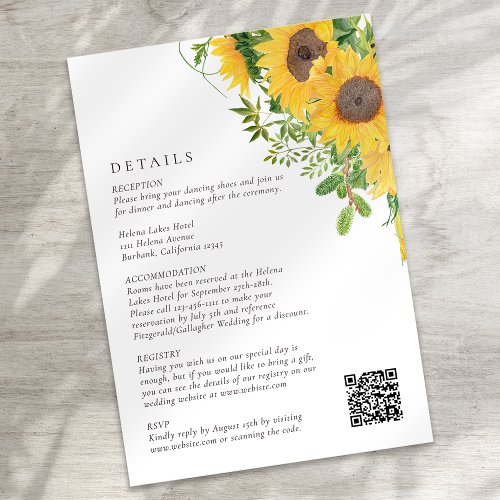 Rustic Sunflower Floral QR Code Wedding Enclosure Card