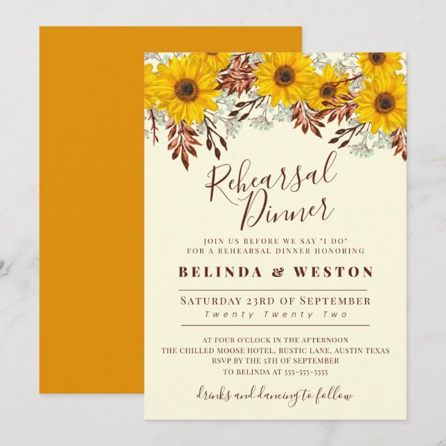 Rustic Sunflower Floral Rehearsal Dinner Invitation (Front/Back)