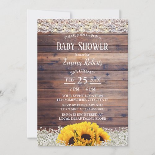 Rustic Sunflower Floral String Lights Baby Shower Invitation