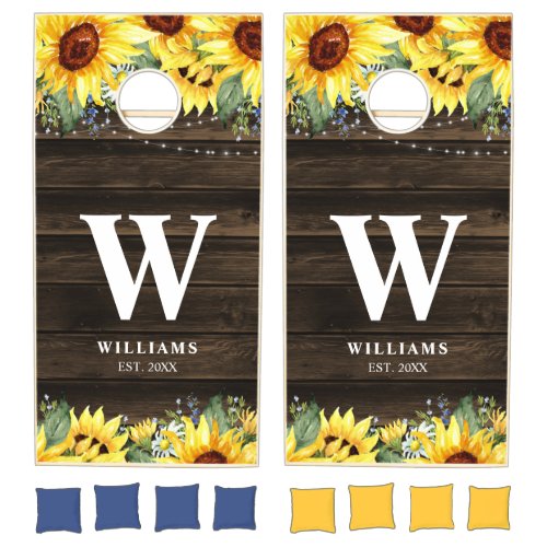 Rustic Sunflower Floral String Lights Personalized Cornhole Set