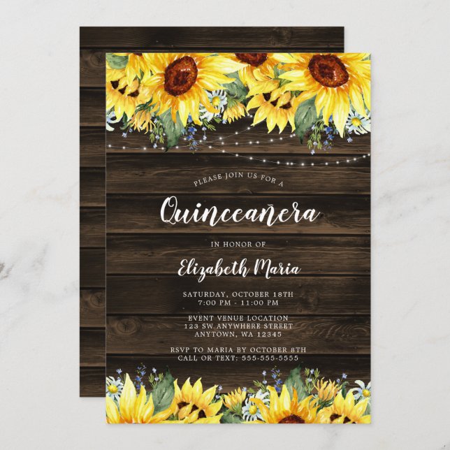 Rustic Sunflower Floral String Lights Quinceanera Invitation (Front/Back)