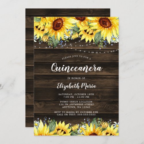 Rustic Sunflower Floral String Lights Quinceanera Invitation