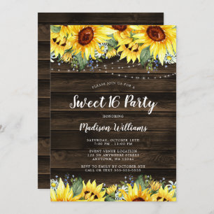 Rustic Sunflower Floral String Lights Sweet 16 Invitation