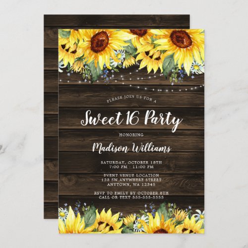 Rustic Sunflower Floral String Lights Sweet 16 Invitation