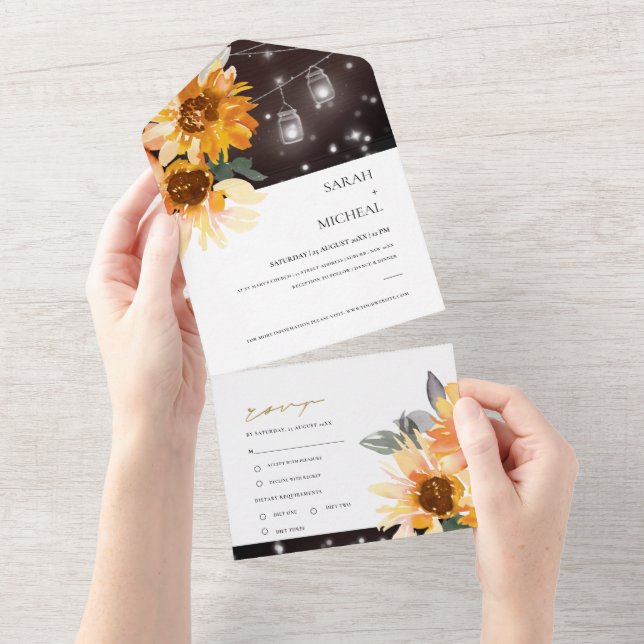 RUSTIC SUNFLOWER FLORAL STRING LIGHTS WEDDING  ALL IN ONE INVITATION (Tearaway)