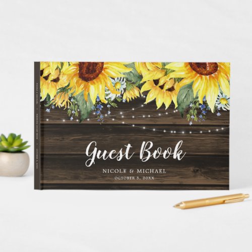 Rustic Sunflower Floral String Lights Wedding Guest Book