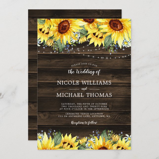 Rustic Sunflower Floral String Lights Wedding Invitation (Front/Back)
