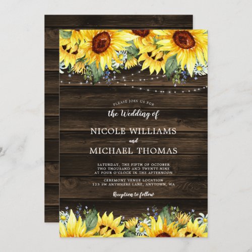 Rustic Sunflower Floral String Lights Wedding Invitation