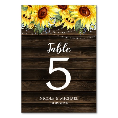 Rustic Sunflower Floral String Lights Wedding Table Number