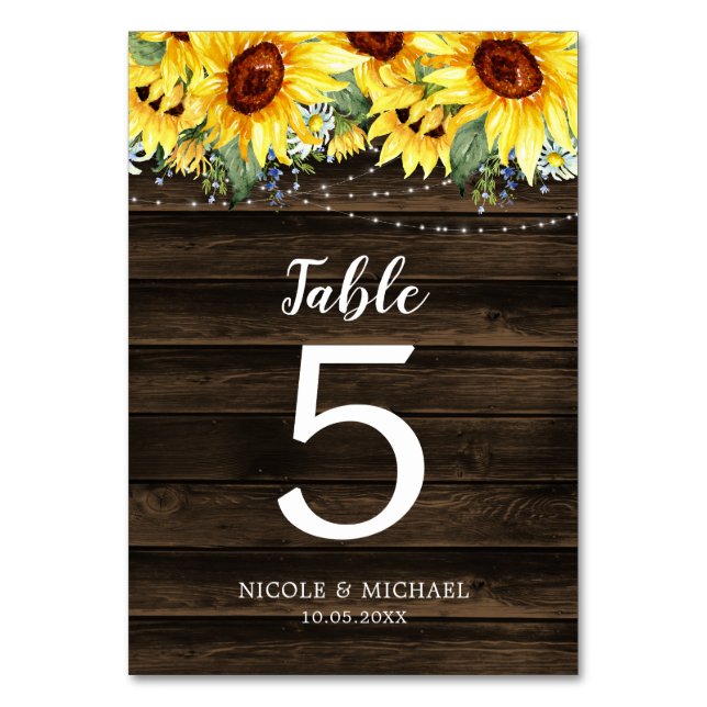 Rustic Sunflower Floral String Lights Wedding Table Number (Front)