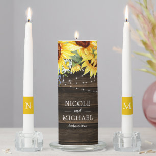 Rustic Sunflower Floral String Lights Wedding Unity Candle Set