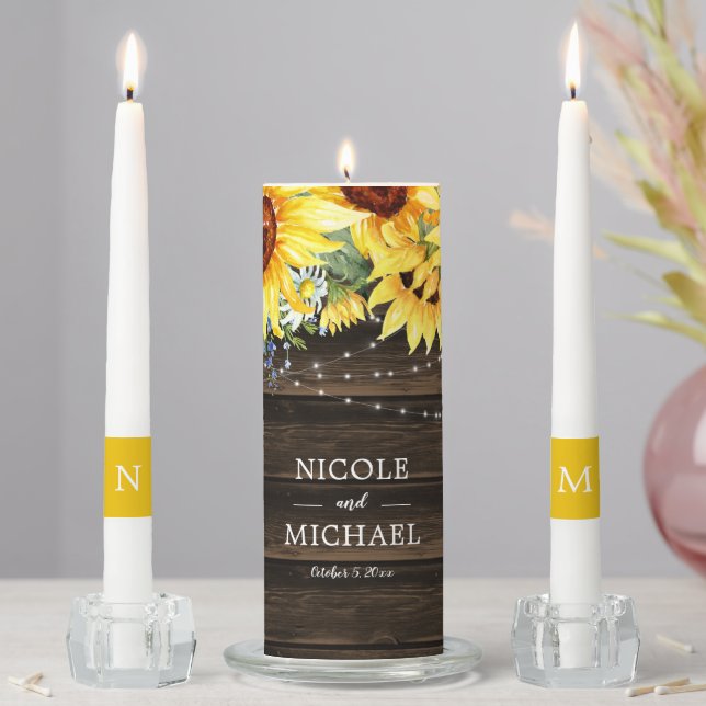 Rustic Sunflower Floral String Lights Wedding Unity Candle Set (In Situ)
