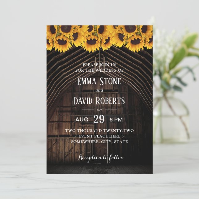 Rustic Sunflower Floral Vintage Barn Wedding Invitation (Standing Front)