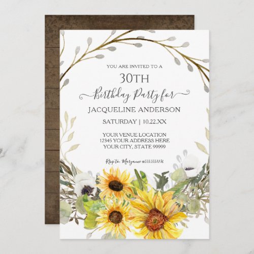 Rustic Sunflower Floral Watercolor 30th Birthday Invitation