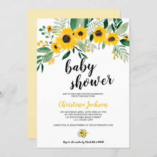 Rustic sunflower floral watercolor baby shower invitation