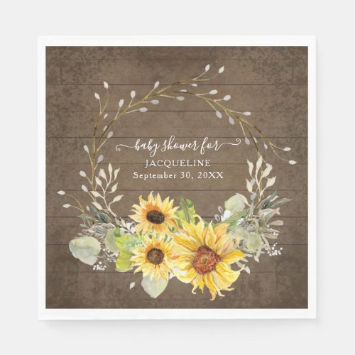 Rustic Sunflower Floral Watercolor Boy Baby Shower Napkins
