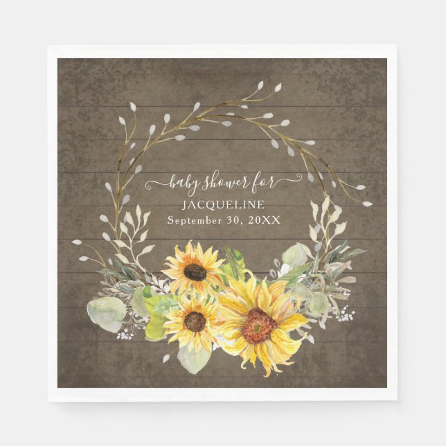 Rustic Sunflower Floral Watercolor Boy Baby Shower Napkins (Front)