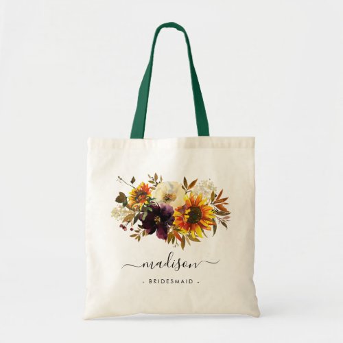 Rustic Sunflower Floral Watercolor Name Bridesmaid Tote Bag