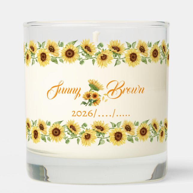 Rustic Sunflower Floral Wedding Favor Personalized Scented Candle (Front)