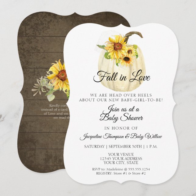 Rustic Sunflower Floral White Pumpkin Baby Shower Invitation (Front/Back)
