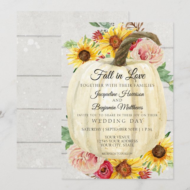 Rustic Sunflower Floral White Pumpkin Shiplap Wood Invitation (Front/Back)