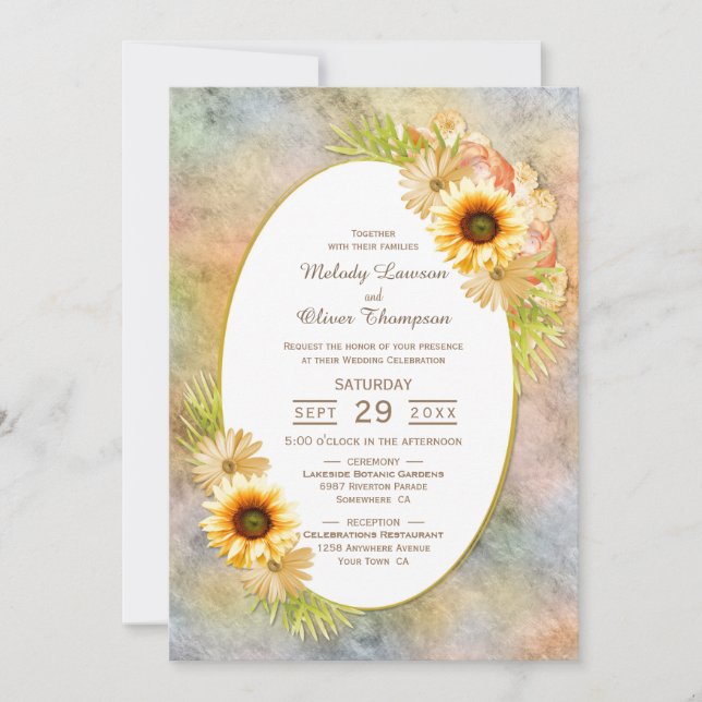 Rustic Sunflower Floral with Oval Frame Wedding Invitation (Front)