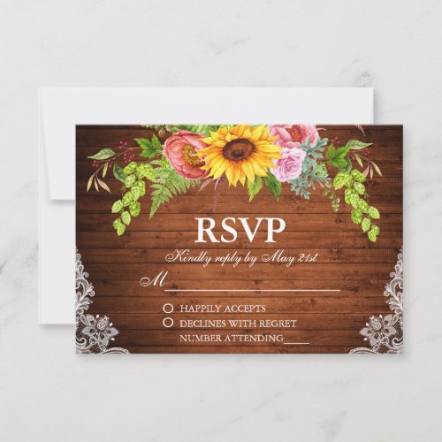 Rustic Sunflower Floral Wood Lace Wedding RSVP Card