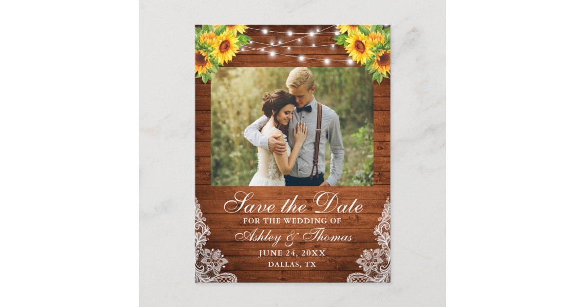 Rustic Sunflower Floral Wood Lights Lace Photo Announcement Postcard ...