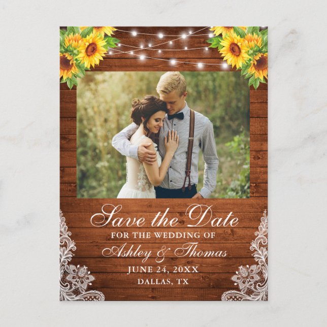 Rustic Sunflower Floral Wood Lights Lace Photo Announcement Postcard (Front)