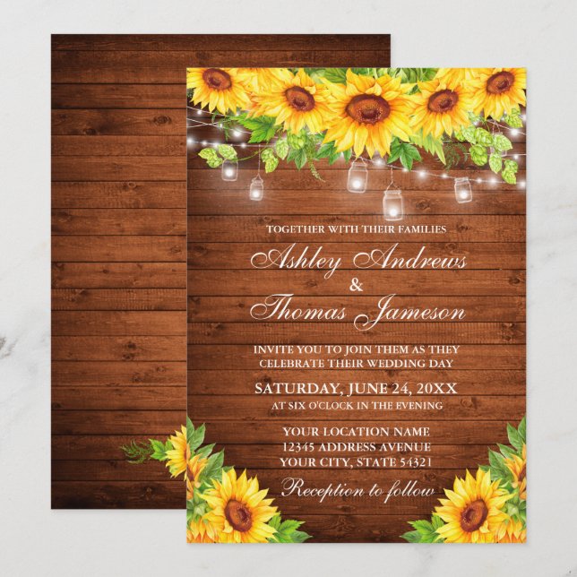 Rustic Sunflower Floral Wood Mason Jar Lights Invitation (Front/Back)