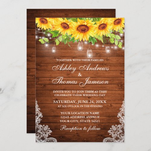 Rustic Sunflower Floral Wood Mason Jar Lights Lace Invitation