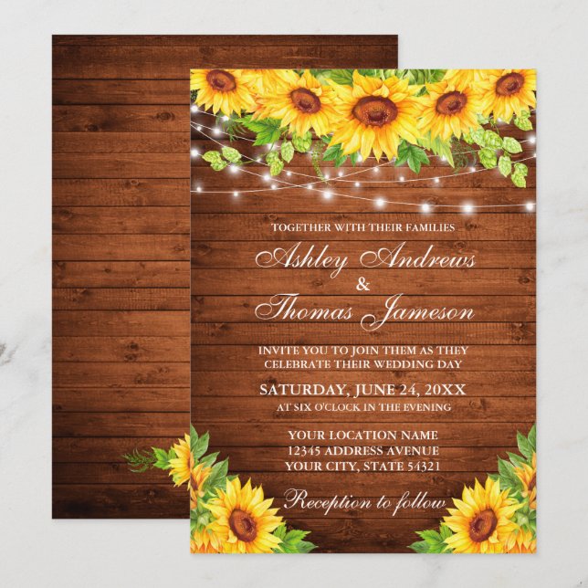 Rustic Sunflower Floral Wood String Lights Invitation (Front/Back)