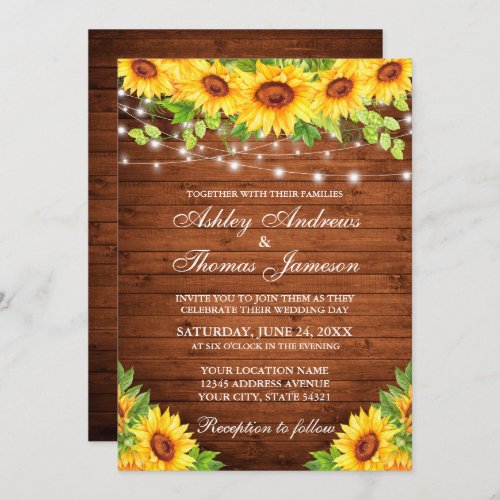 Rustic Sunflower Floral Wood String Lights Invitation