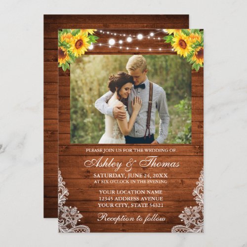 Rustic Sunflower Floral Wood String Lights Photo Invitation