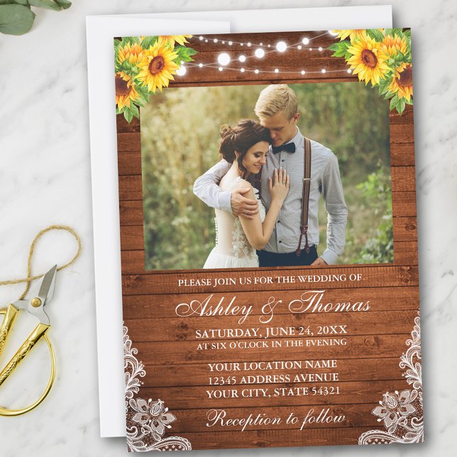 Rustic Sunflower Floral Wood String Lights Photo Invitation (Customize to add more text or more photos to back of card.)