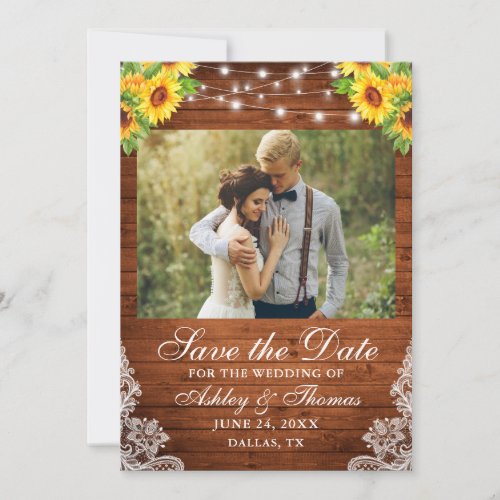 Rustic Sunflower Floral Wood String Lights Photo Save The Date