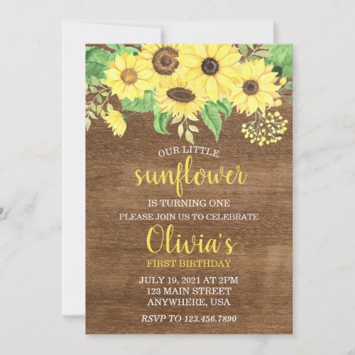 Rustic Sunflower Floral Wood Summer First Birthday Invitation