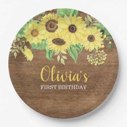 Rustic Sunflower Floral Wood Summer First Birthday Paper Plates