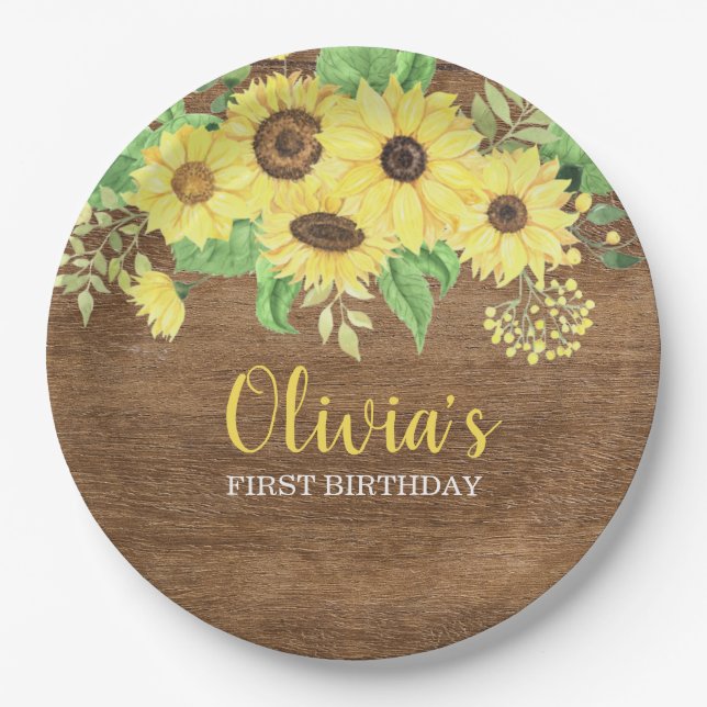 Rustic Sunflower Floral Wood Summer First Birthday Paper Plates (Front)
