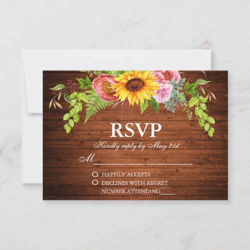 Rustic Sunflower Floral Wood Wedding RSVP Card